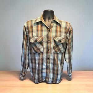 Vintage Clydesdale Flannel Shirt Distressed Sz Lg Blue Aqua Plaid Mountain Fall